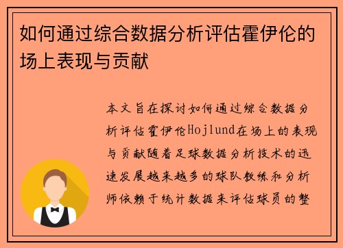 如何通过综合数据分析评估霍伊伦的场上表现与贡献
