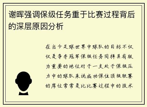 谢晖强调保级任务重于比赛过程背后的深层原因分析
