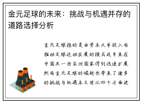 金元足球的未来：挑战与机遇并存的道路选择分析
