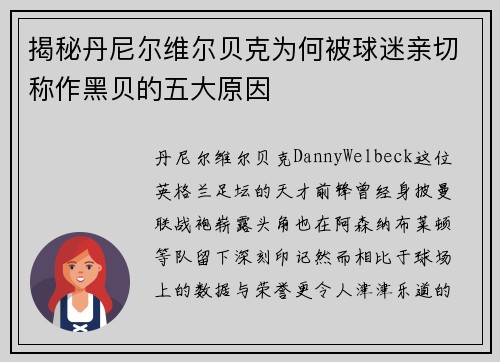 揭秘丹尼尔维尔贝克为何被球迷亲切称作黑贝的五大原因
