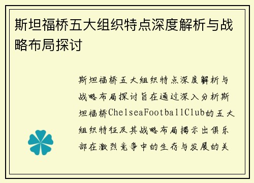 斯坦福桥五大组织特点深度解析与战略布局探讨