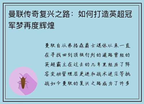 曼联传奇复兴之路：如何打造英超冠军梦再度辉煌