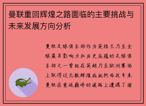 曼联重回辉煌之路面临的主要挑战与未来发展方向分析
