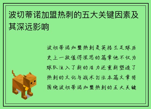 波切蒂诺加盟热刺的五大关键因素及其深远影响