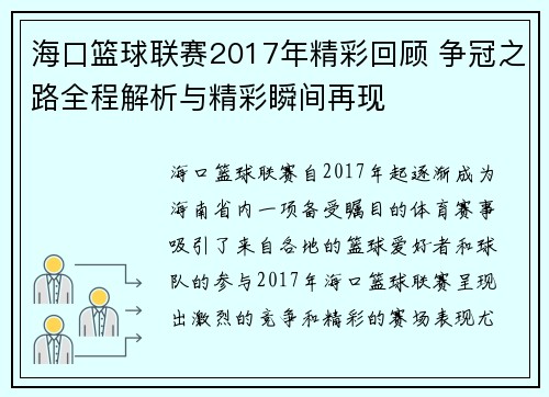 海口篮球联赛2017年精彩回顾 争冠之路全程解析与精彩瞬间再现